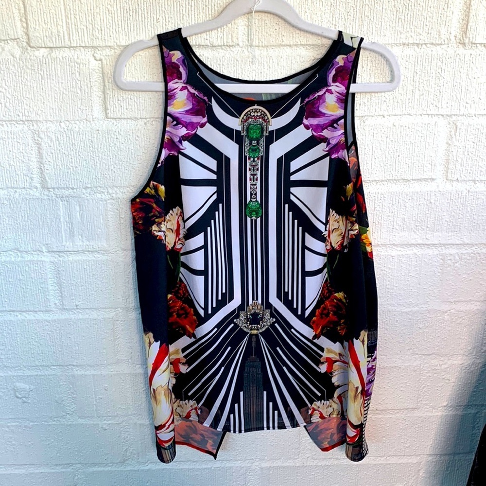 Clover Canyon Black Floral Abstract Open Back Tank Top size Medium